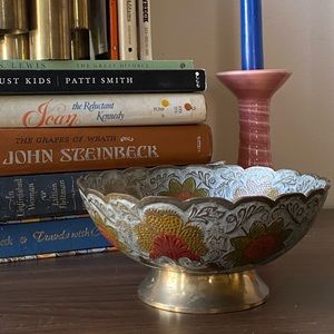 Ornate vintage peacock pewter dish